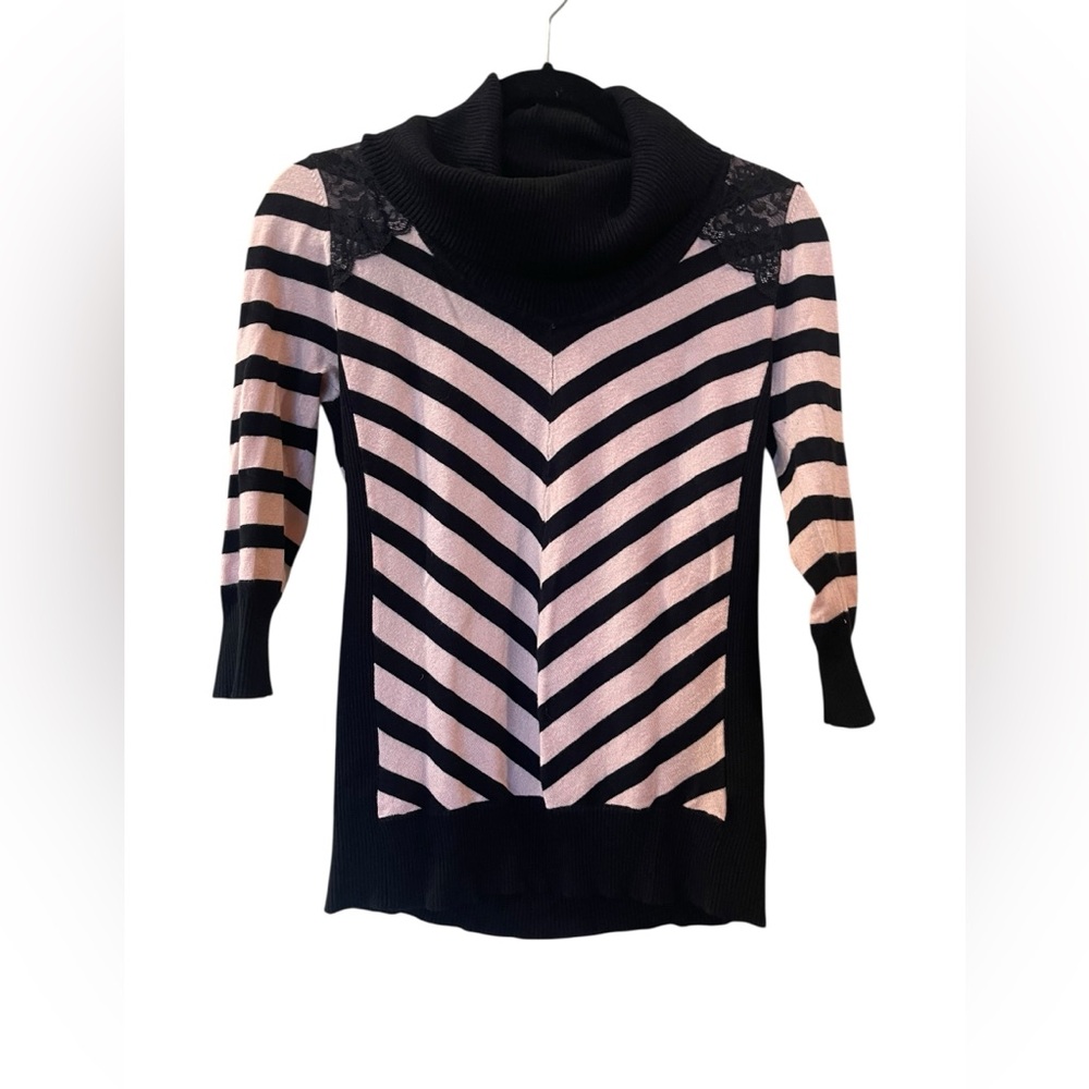 BCX Women's 3/4 Sleeve Black And Pink Striped Cowl Neck Sweater Size: Large